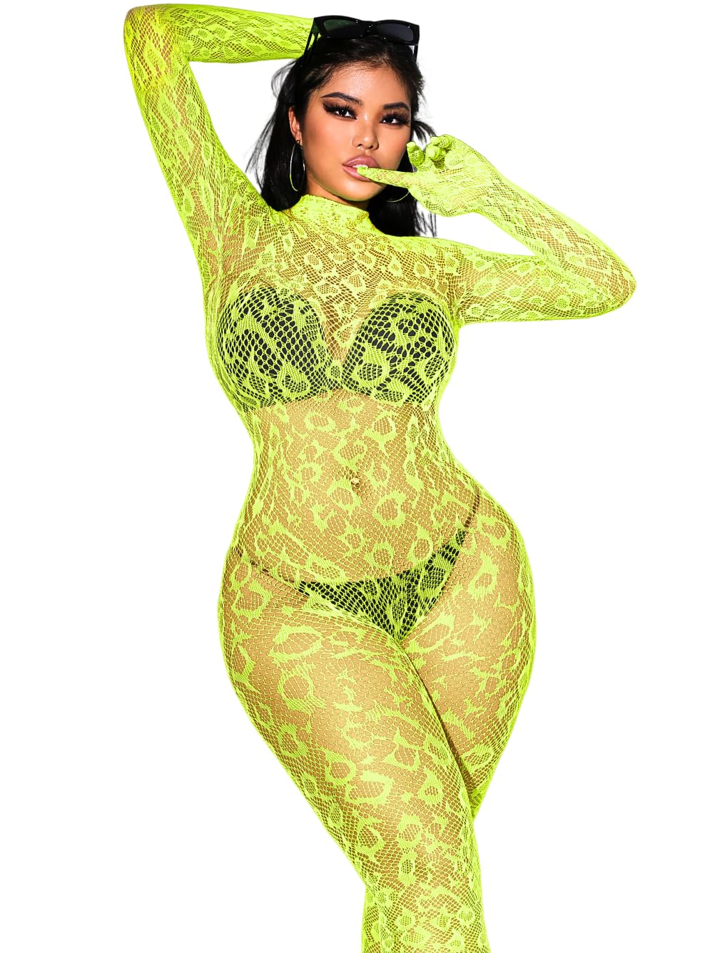 Sexy Lace Leopard Jumpsuit For Women, Fishnet Bodysuit Glow Party Club, Poster One Piece Mesh Full Body Rave Outfits