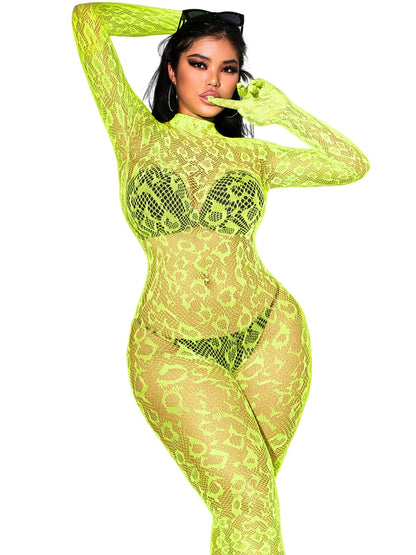 Sexy Lace Leopard Jumpsuit For Women, Fishnet Bodysuit Glow Party Club, Poster One Piece Mesh Full Body Rave Outfits