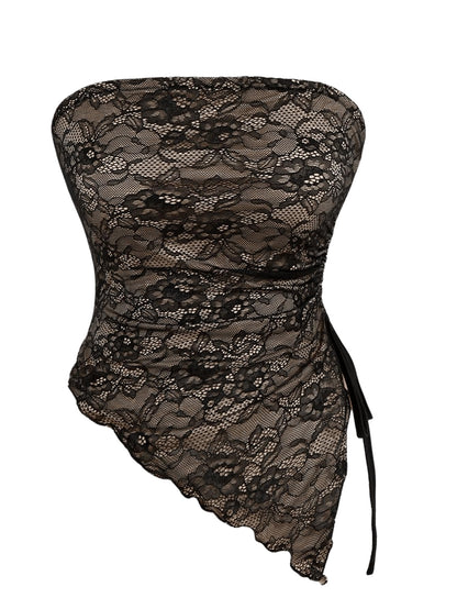 WDIRARA Women's Floral Mesh Strapless Side Ruched Tube Top Asymmetrical Hem Bandeau Crop Tops