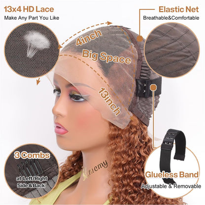 Curly Bob Wig Human Hair Deep Wave 13x4 HD Lace Front Wigs For Black Women Human Hair Pre Plucked Wear And Go Glueless Short Wet And Wavy Ombre Honey Blonde Highlight Color 4/27 14 Inch