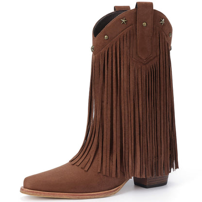 Fringe Cowboy Boots for Women – Mid Calf Cowgirl Boots with Star Studded, Pointed Toe and Chunky Heel, Perfect for Country Music Festivals