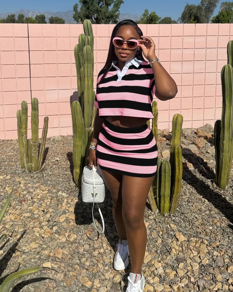 HBQ Women's Casual Two Piece Skirt Sets Polo Collar Crop Top Striped Mini Dress Summer Vacation-Stripe