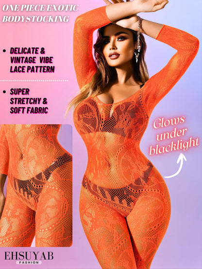 Women Sexy Body Stockings, Fishnet Bodysuit Glow Party Rave, Exotic Dancer Wear Fishnets Lingerie Outfits Plus Size