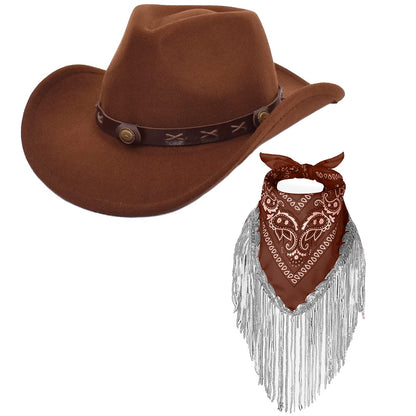 Ibeauti Cowboy Hat with Fringed Bandana Set for Women Wide Brim Western Cowgirl Hat Paisley Head Wrap Scarf