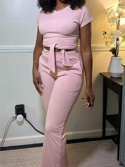 EDITCOZY Women 2 Piece Outfits Sexy Tie Front Crop Top Wide Leg Pants Sets Casual Summer Ribbed Two Piece Set