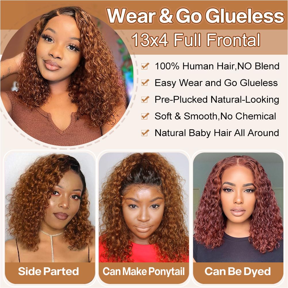 Curly Bob Wig Human Hair Deep Wave 13x4 HD Lace Front Wigs For Black Women Human Hair Pre Plucked Wear And Go Glueless Short Wet And Wavy Ombre Honey Blonde Highlight Color 4/27 14 Inch