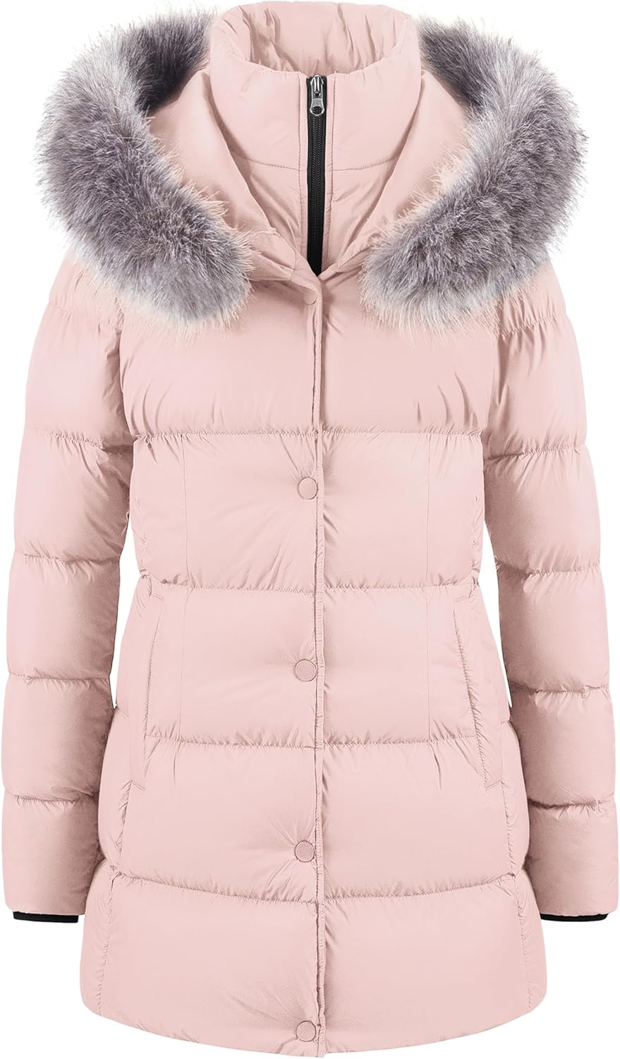 CREATMO US Women's Winter Snow Jacket Long Fur Puffer Coat With Removable Faux Fur Trim