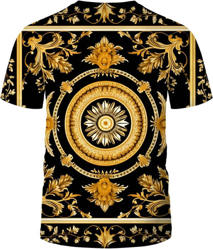 LAOLIUSN Men's Gold Shiny Printed T-Shirt - Golden Ornate Theme, Floral Graphic Tee Shirt