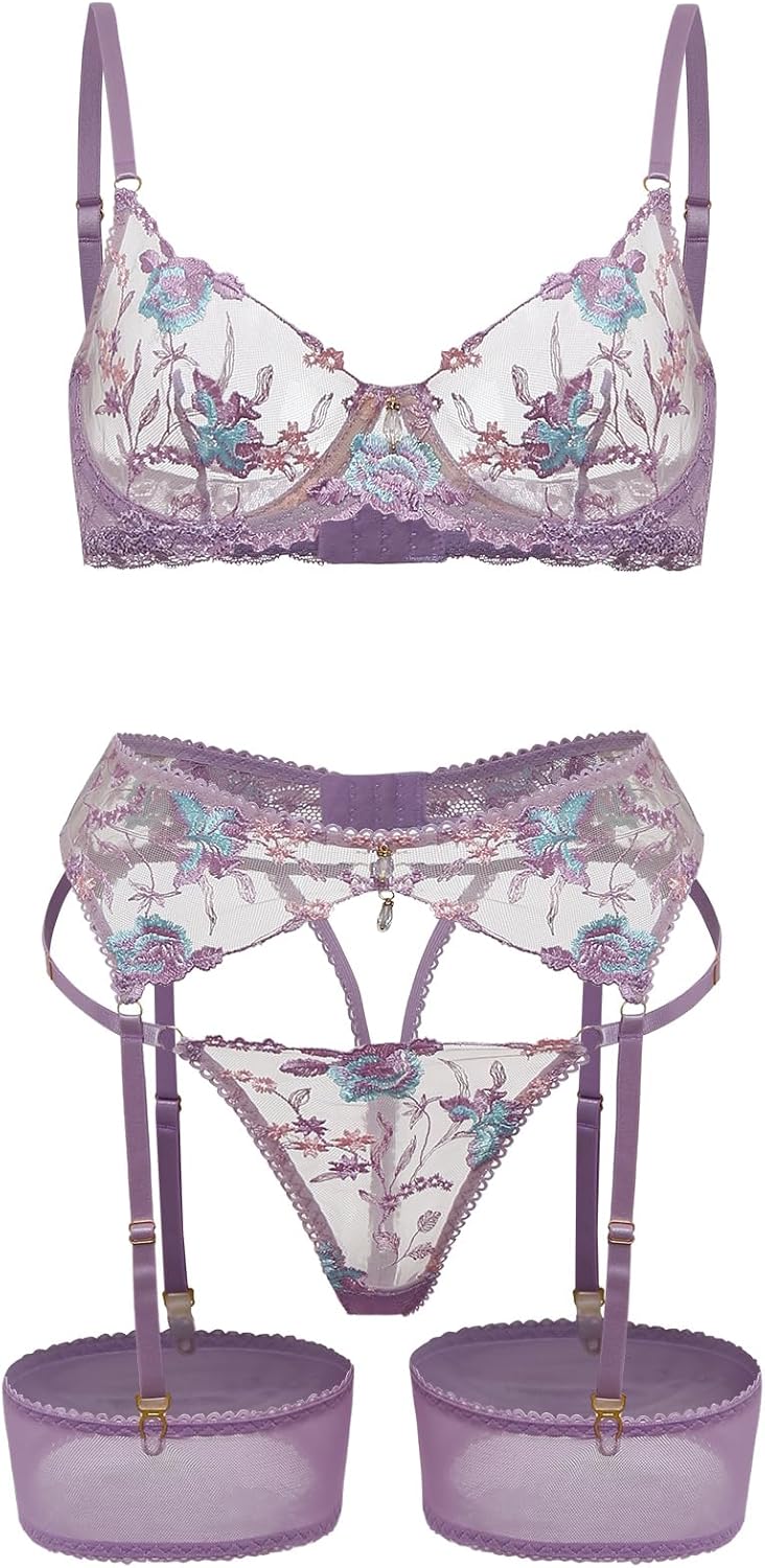 Lilosy Sexy Leaf Floral Embroidered Mesh Sheer Women Underwire Push Up Lingerie Set