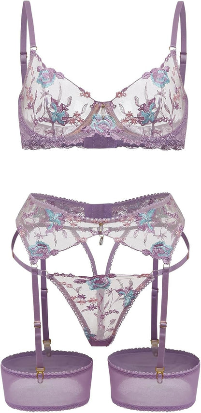 Lilosy Sexy Leaf Floral Embroidered Mesh Sheer Women Underwire Push Up Lingerie Set