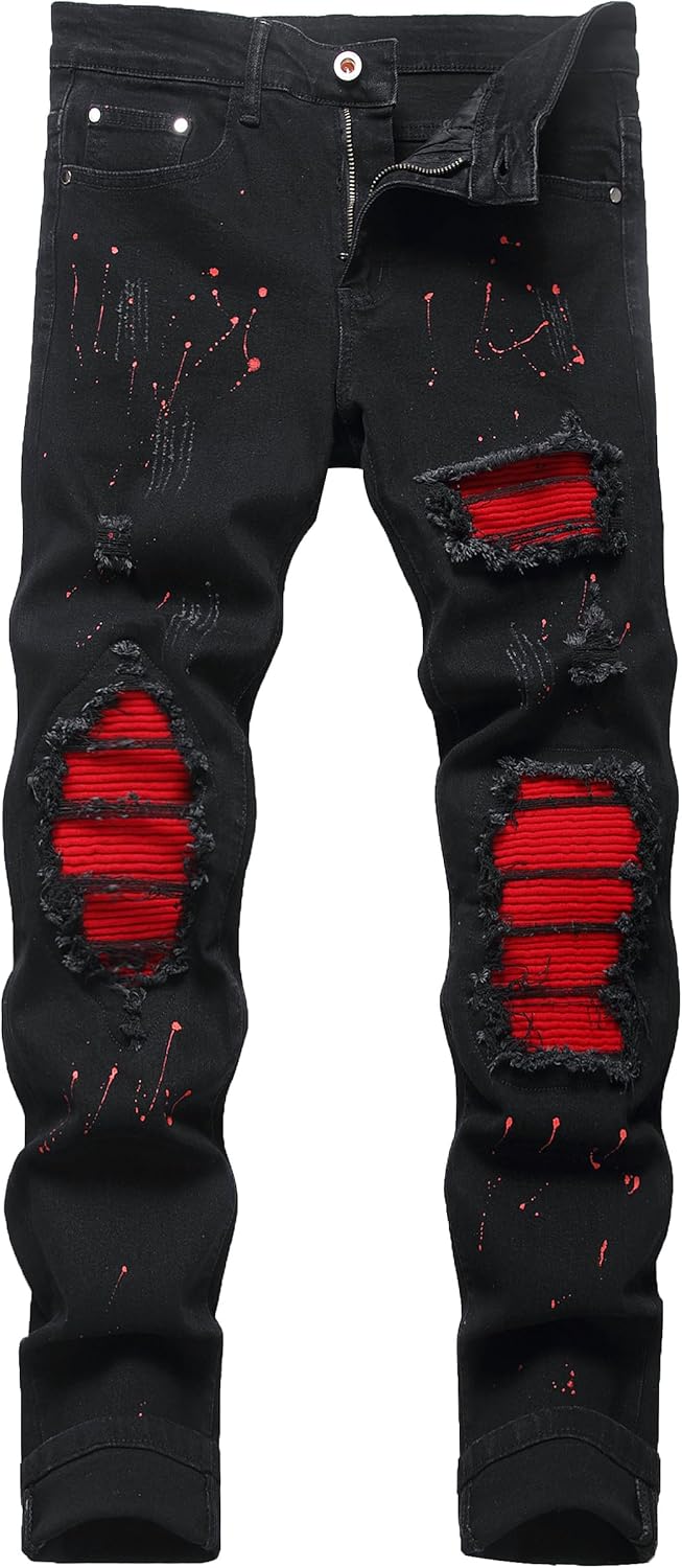 OIIIO Men's Patch Ripped Stretch Regular Fit Jean