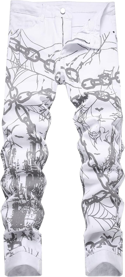 DANT BULUN Men's Fashion Casual Printed Jeans Stretch Skinny Denim Jogger Pants