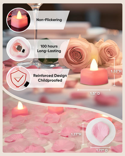 Amagic 1000 Pieces Artificial Rose Petals with 12 Heart LED Tea Lights Candles Kit, Rose Petals and Candles Set for Proposal, Anniversary, Valentine's Day, Special Romantic Night, Wedding Table Decor
