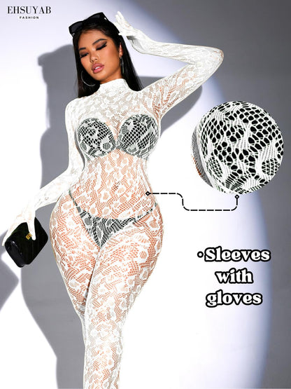 Sexy Lace Leopard Jumpsuit For Women, Fishnet Bodysuit Glow Party Club, Poster One Piece Mesh Full Body Rave Outfits