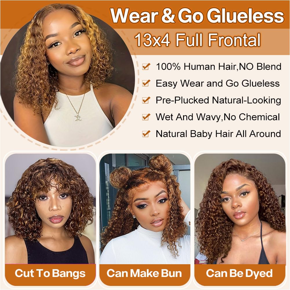 Curly Bob Wig Human Hair Deep Wave 13x4 HD Lace Front Wigs For Black Women Human Hair Pre Plucked Wear And Go Glueless Short Wet And Wavy Ombre Honey Blonde Highlight Color 4/27 14 Inch