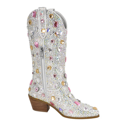 Richealnana Sparkly Rhinestones Cowboy Cowgirl Style Boots Calf High Boots for Women 2INCH Heeled Shining Pull On Tabs