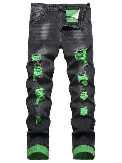 Men's Slim-fit Stretch Denim Jeans Featuring a Ripped Stretch Regular Pants
