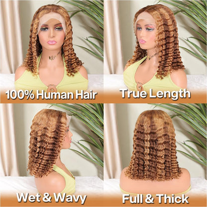 Curly Bob Wig Human Hair Deep Wave 13x4 HD Lace Front Wigs For Black Women Human Hair Pre Plucked Wear And Go Glueless Short Wet And Wavy Ombre Honey Blonde Highlight Color 4/27 14 Inch