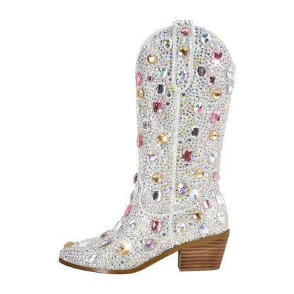 Richealnana Sparkly Rhinestones Cowboy Cowgirl Style Boots Calf High Boots for Women 2INCH Heeled Shining Pull On Tabs