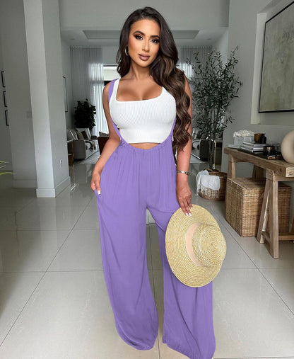 Nimsruc Womens Jumpsuit Casual Loose Sleeveless Adjustable Spaghetti Straps Wide Leg Pants Baggy Overalls With Pockets