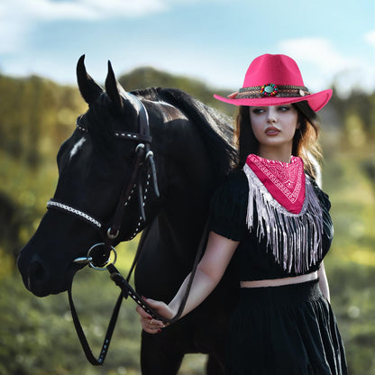 Ibeauti Cowboy Hat with Fringed Bandana Set for Women Wide Brim Western Cowgirl Hat Paisley Head Wrap Scarf