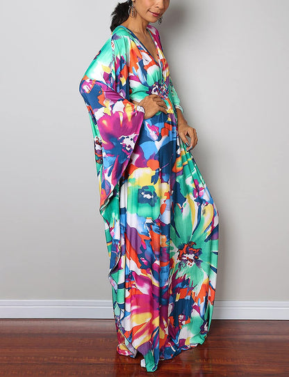 Bsubseach Women Ethnic Print Kaftan Beach Dress Plus Size Swimsuit Cover Up