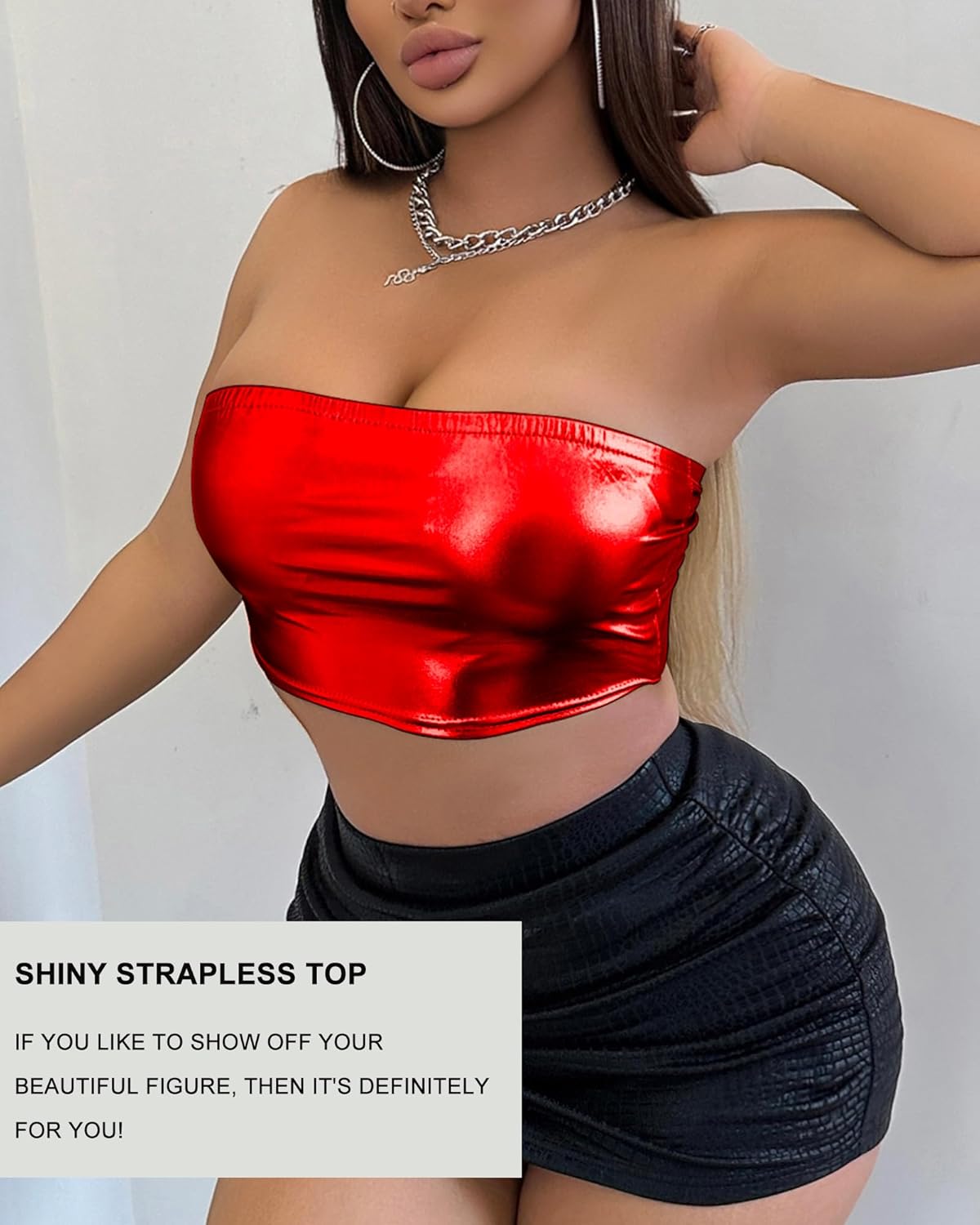 Women's Metallic Shiny Tube Top - Strapless Party Crop Top for Rave, Festival & Night Out
