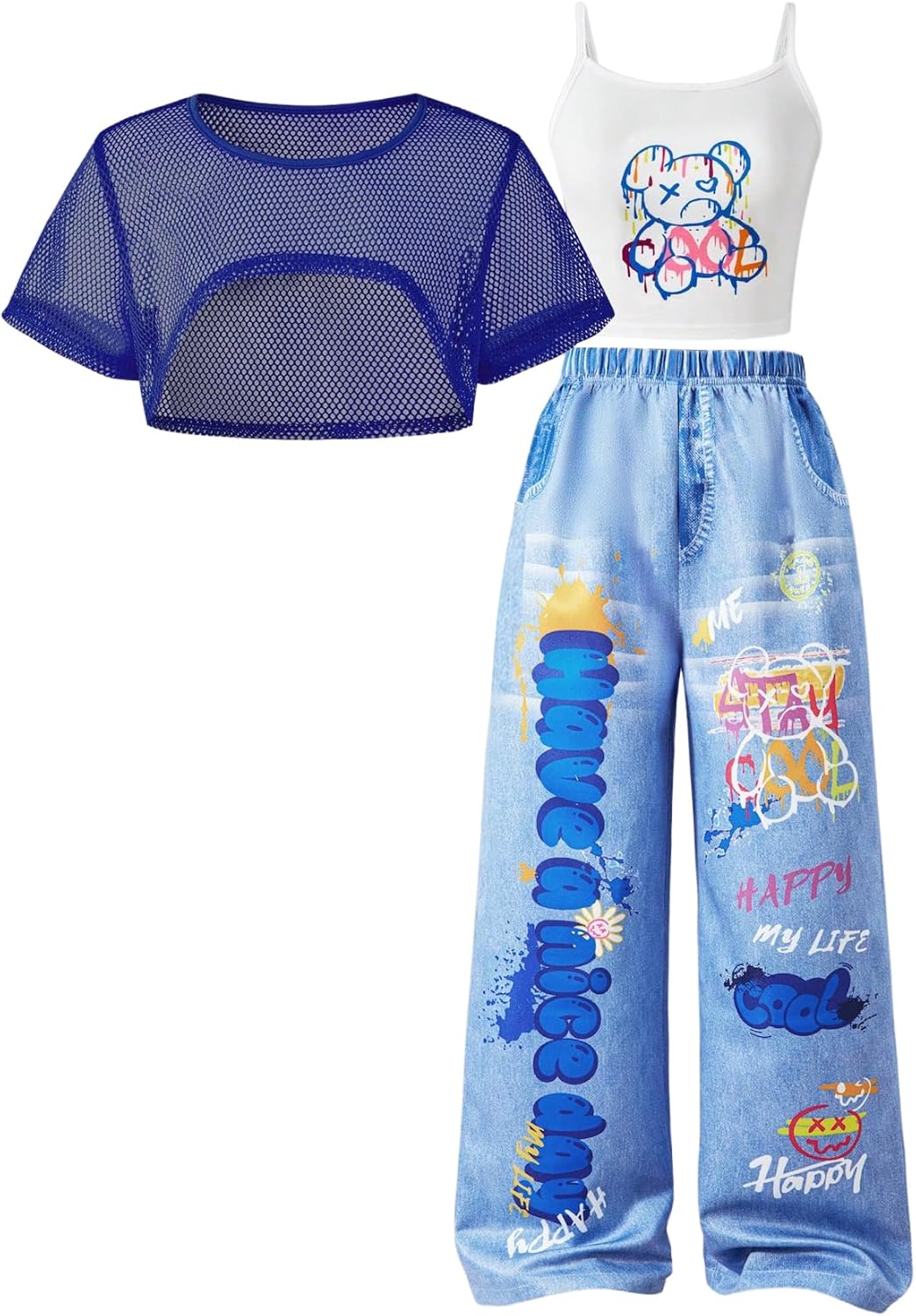 SOLY HUX Girl's Graphic 3 Piece Outfits Sheer Crop Tee and Cami Top with Jeans Pants Set