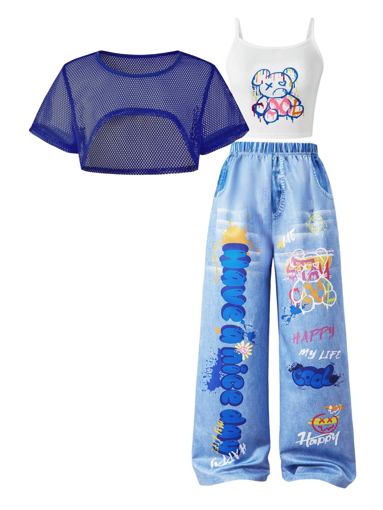 SOLY HUX Girl's Graphic 3 Piece Outfits Sheer Crop Tee and Cami Top with Jeans Pants Set