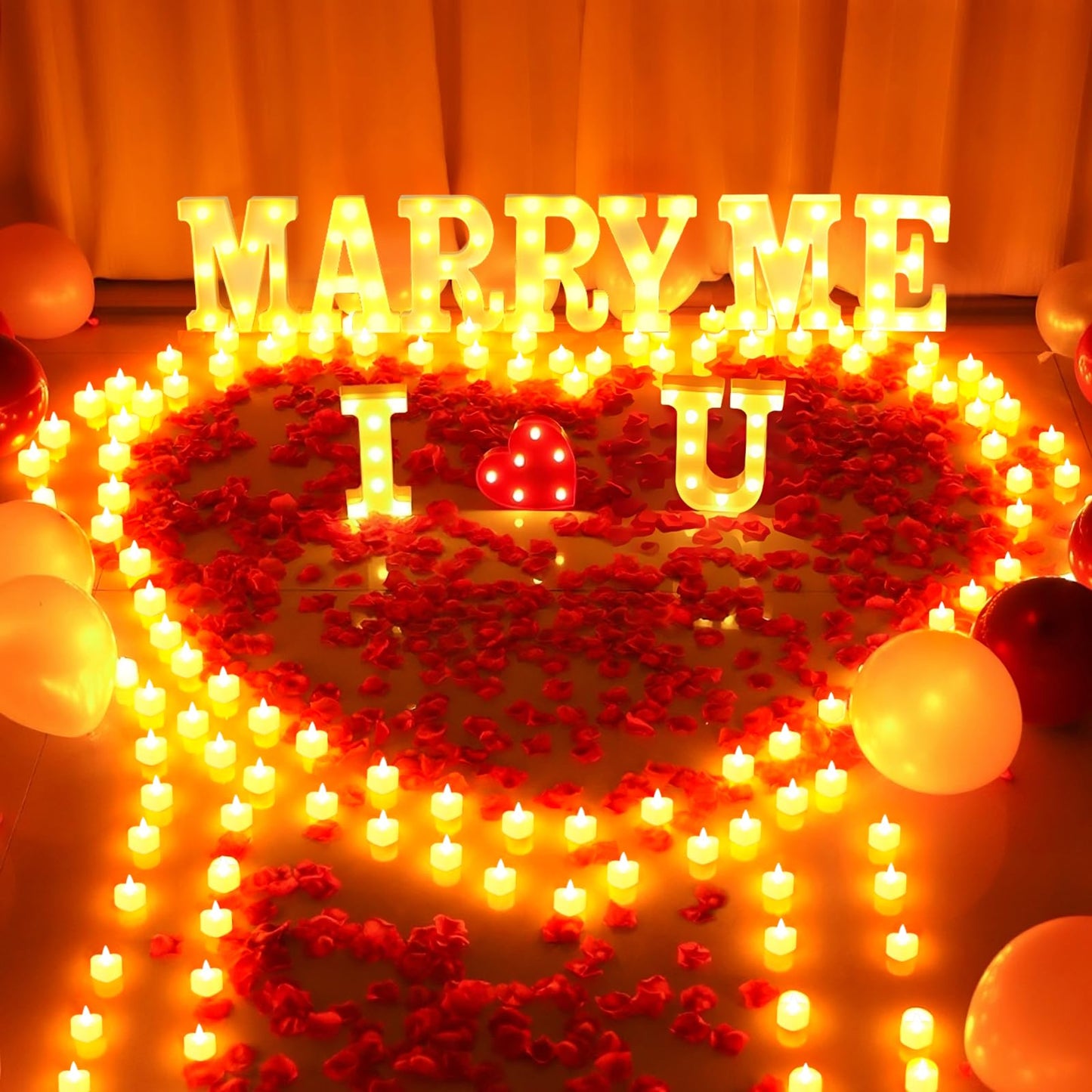 1027 Pcs I Love U Light Up Letters Proposal Decorations, I Love U Sign with 24 Pcs Heart Flameless Candles 1000 Pcs Rose Petals for Wedding Proposal Romantic Night Decor