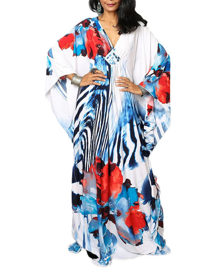 Bsubseach Women Ethnic Print Kaftan Beach Dress Plus Size Swimsuit Cover Up