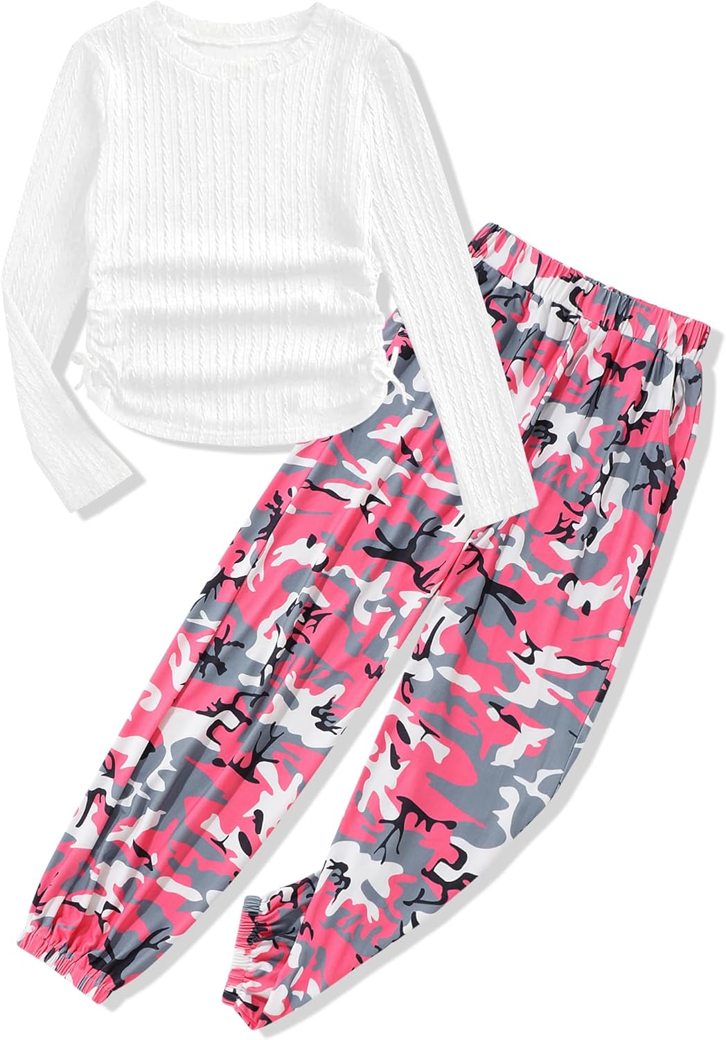 Girls' Clothing Sets Ribbed Knit Crewneck T-Shirt & Camo Print Elastic Waist Pants Girls Clothes Size 6-16Y