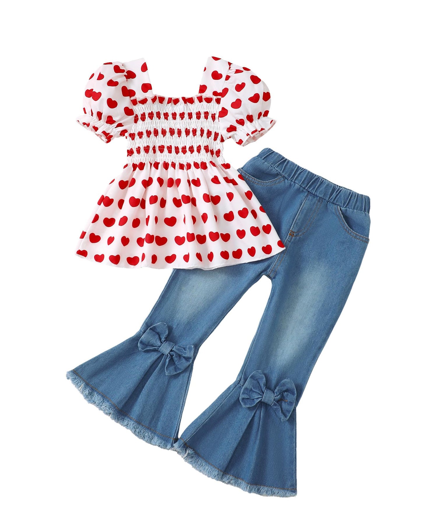 Kucnuzki Toddler Kids Girls Clothes Short Sleeve Shirt Top Flare Denim Jeans 2 Piece Outfits For Girls Cute Clothing Set