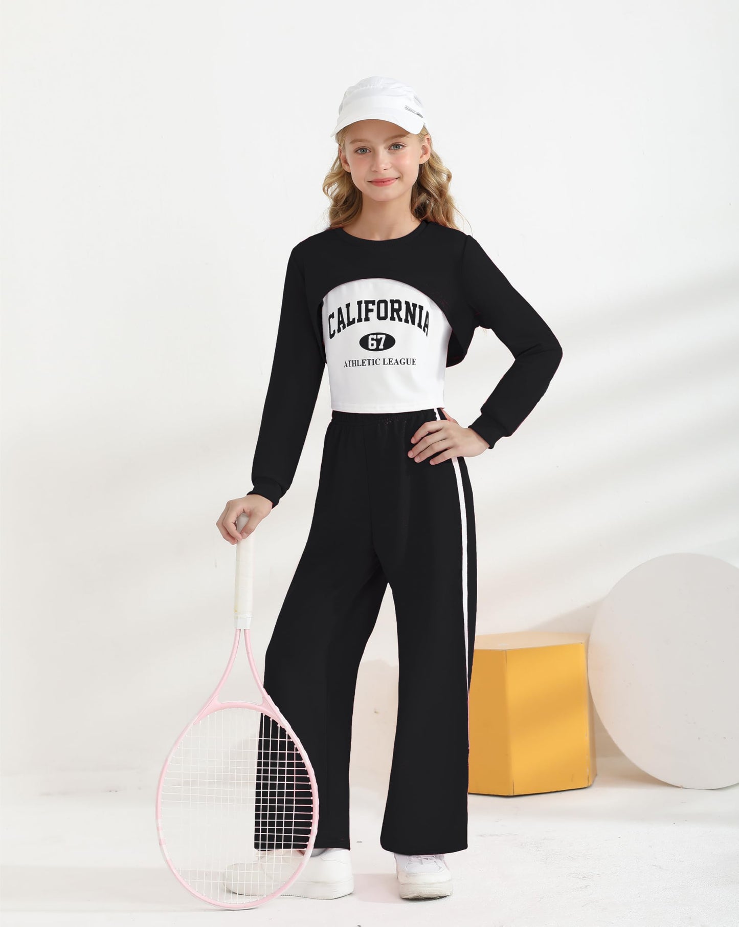 Girls 3 Piece Outfits Long Sleeve Crop Shirts & Cami Tops & Sweatpants Sets Fall Clothes Size 8-12Y