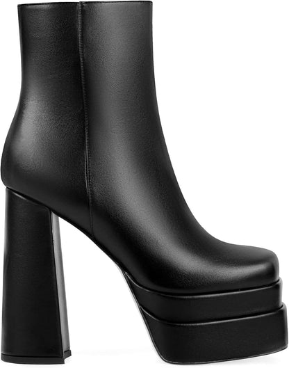 ANN CREEK Women's Double Platform Ankle Boots Chunky Heel Booties Side Zipper Square Toe High Heel Casual Boots