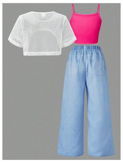 SOLY HUX Girl's Graphic 3 Piece Outfits Sheer Crop Tee and Cami Top with Jeans Pants Set