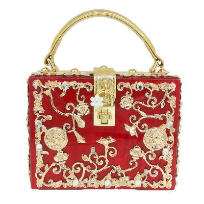 Boutique De FGG Acrylic & Flower Designer Shoulder Bags for Women Crossbody Bag Rhinestones Box Tote Evening Handbags,Small
