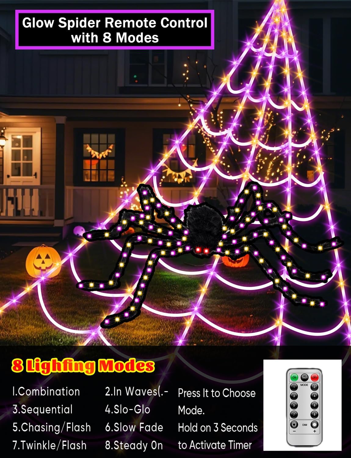 Spider Webs Halloween Decorations Lights - 250 LEDs Outdoor Halloween String Lights with 60" Light Up Spider,8 Modes Remote Control 16.4Ft Spiderweb,Waterproof (Orange+Purple)