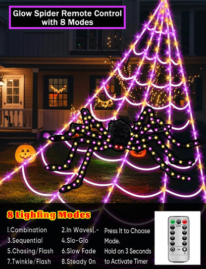 Spider Webs Halloween Decorations Lights - 250 LEDs Outdoor Halloween String Lights with 60" Light Up Spider,8 Modes Remote Control 16.4Ft Spiderweb,Waterproof (Orange+Purple)