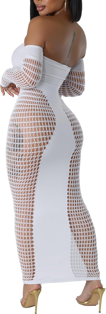 Women's Dress Sexy Club Dress Elegant Long Sleeve Off Shoulder Hollow Out Mesh Bodycon Party Dresses