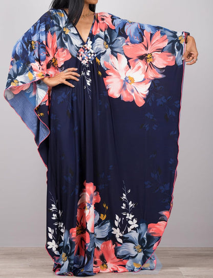 Bsubseach Women Ethnic Print Kaftan Beach Dress Plus Size Swimsuit Cover Up