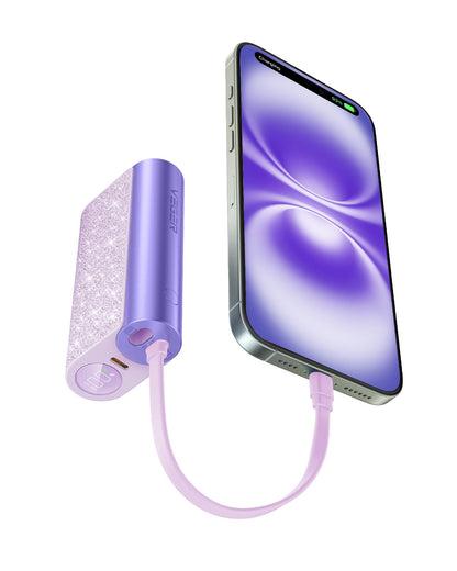 VEGER Compact Portable Charger with Built in Cable(Removable), 10000mAh Cute Power Bank 20W Fast Charging, Sparkling Battery Pack Fashion Travel Accessory Compatible with iPhone 15/14, Android-Purple