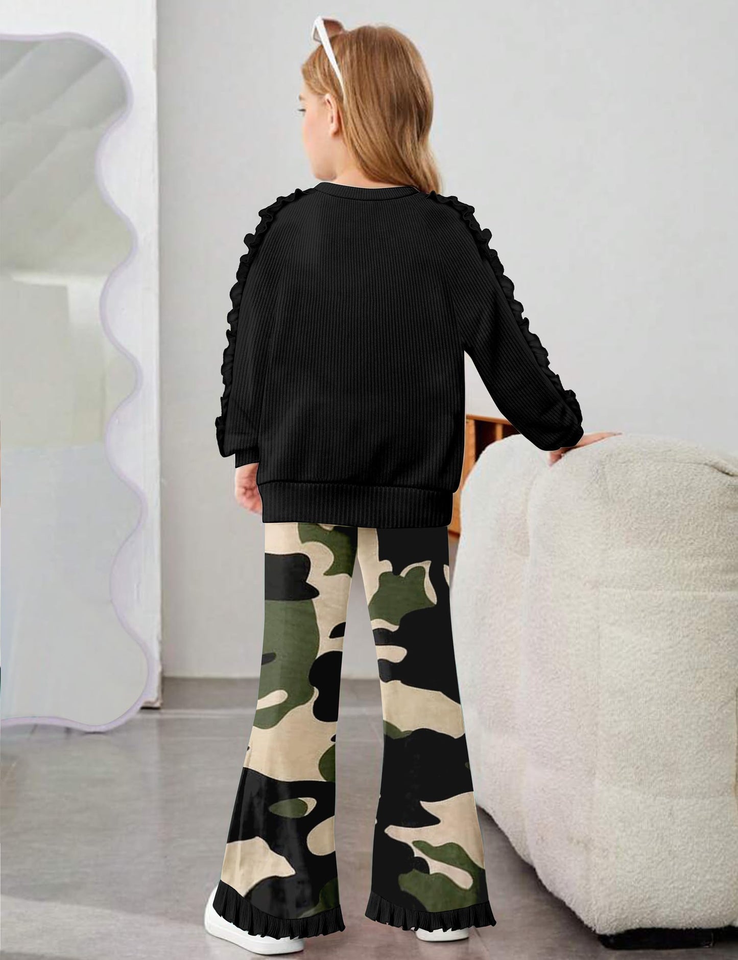 Toddler Girl Clothes Camo Girls Outfits Ruffle Sleeve Tops + Bell Bottom Flared Pants 2 Piece Winter Sweatsuit 2-10T