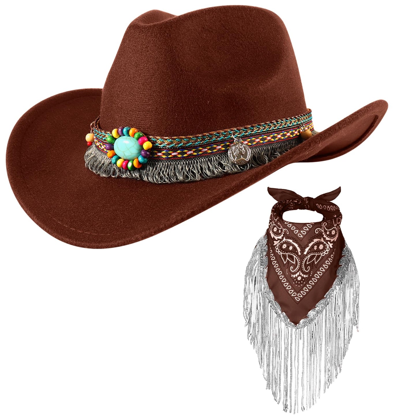 Ibeauti Cowboy Hat with Fringed Bandana Set for Women Wide Brim Western Cowgirl Hat Paisley Head Wrap Scarf