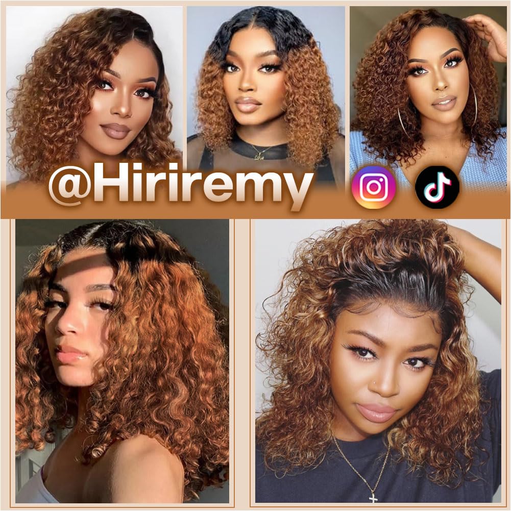 Curly Bob Wig Human Hair Deep Wave 13x4 HD Lace Front Wigs For Black Women Human Hair Pre Plucked Wear And Go Glueless Short Wet And Wavy Ombre Honey Blonde Highlight Color 4/27 14 Inch