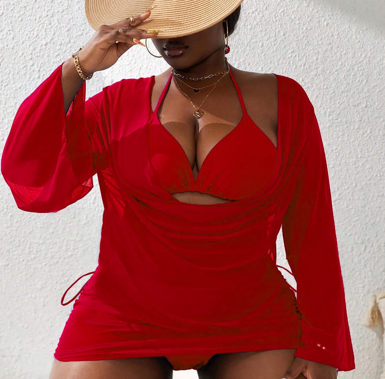 YELAIVP Women's Plus Size Halter String Triangle Bikini Sets 3 Piece Swimsuits with Side Ruched Drawstring Cover Up