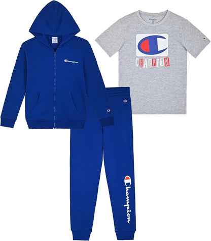 Champion Boys Sweatsuit Set for Kids 3 Piece Boys Hoodie Jogger and Tee Shirt Tracksuit Outfit
