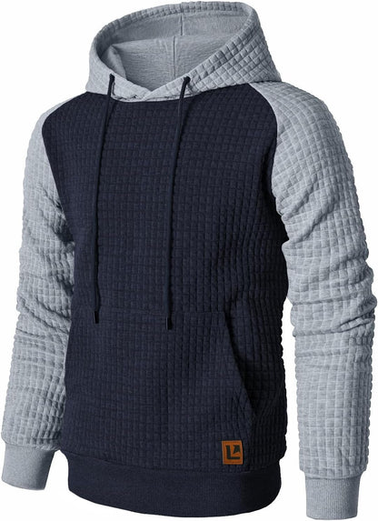 Men’s Sweatshirts Long Sleeve Pullover Patchwork Plaid Jacquard Hoodie Casual Drawstring Hoody Top