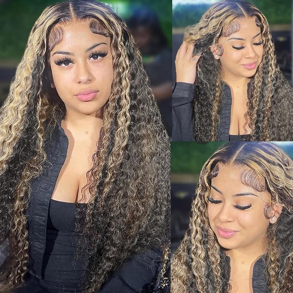 1B/30 Deep Wave Lace Front Wigs Human Hair Pre Plucked Balayage Ombre Brown Curly Lace Front Wig Human Hair13x4 HD Lace Frontal Glueless Wigs for Women 180% Density 26 Inch