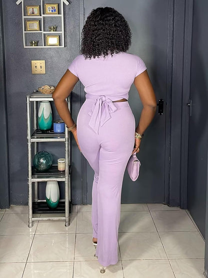 EDITCOZY Women 2 Piece Outfits Sexy Tie Front Crop Top Wide Leg Pants Sets Casual Summer Ribbed Two Piece Set